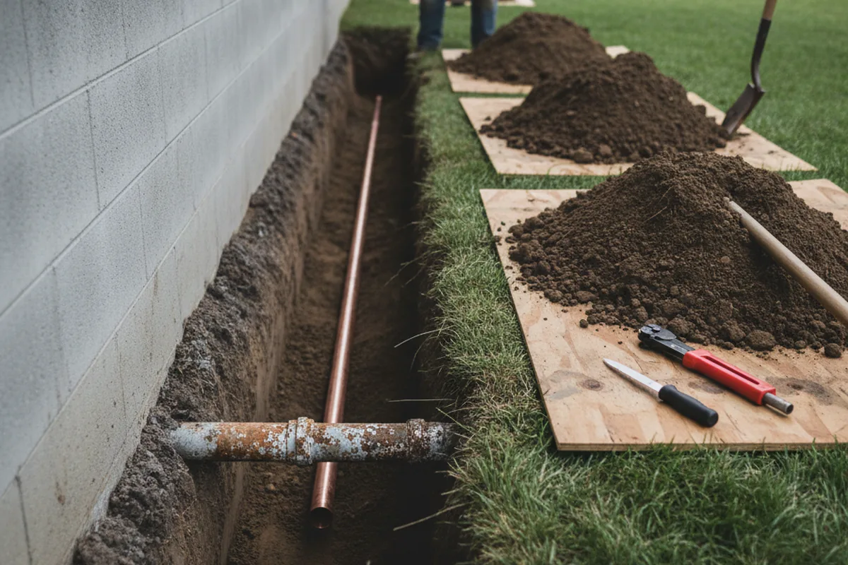 Excavated water line trench during Sewer Line Repair in Glasgow